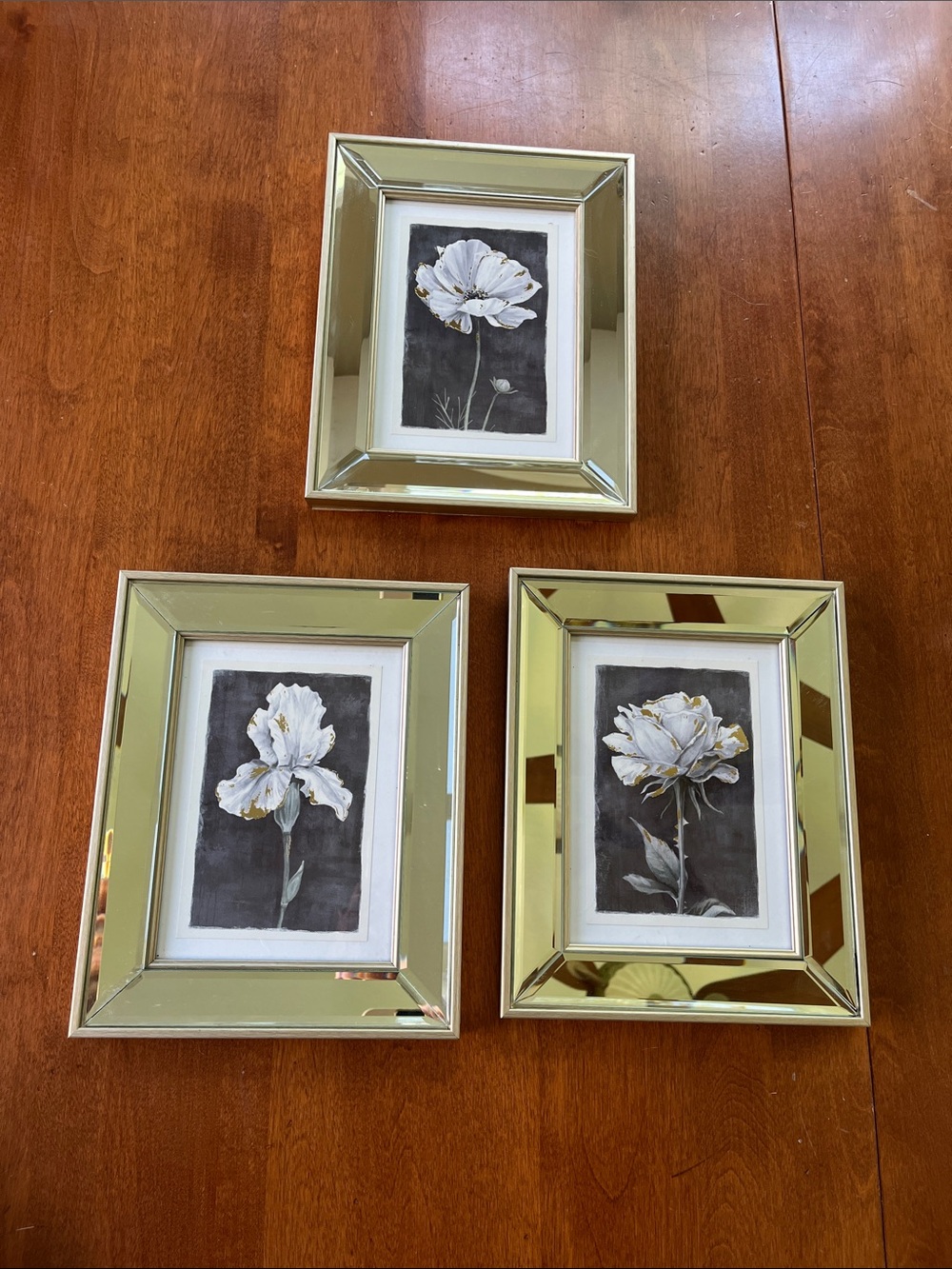 Set of 3 mirrored picture frames white/gold floral prints on black background